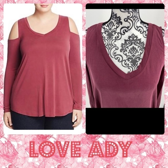 LOVE ADY PLUS Cold Shoulder Top In Merlot - Picture 1 of 9